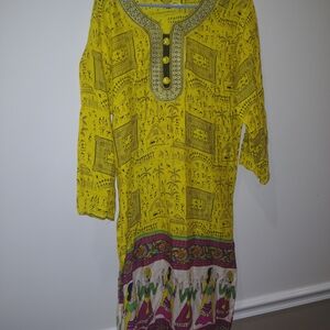 Source Unknown Yellow Ethnic Print Long Sleeve Dress